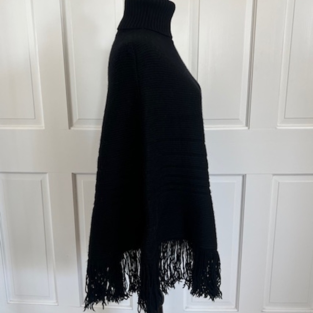 Banana Republic Black Merino Wool Turtle Neck Fringe Poncho Sweater Top XS/S
